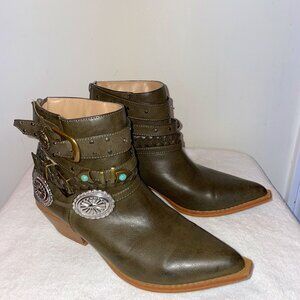 Olive Green Cow Girl Booties with buckles and studds